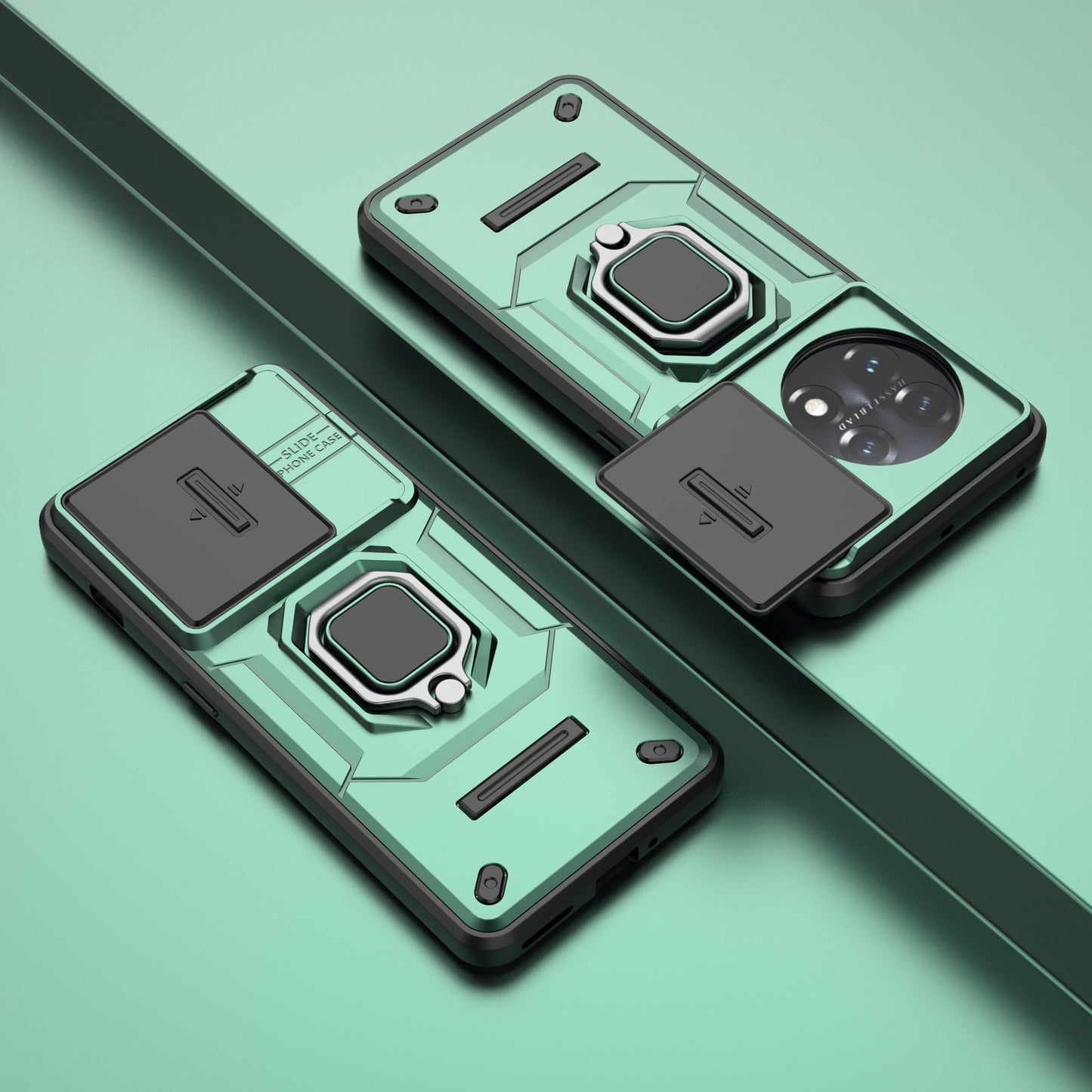 For OnePlus 11 5G Case Slide Lens Shield Ring Kickstand PC+TPU Phone Cover - Green