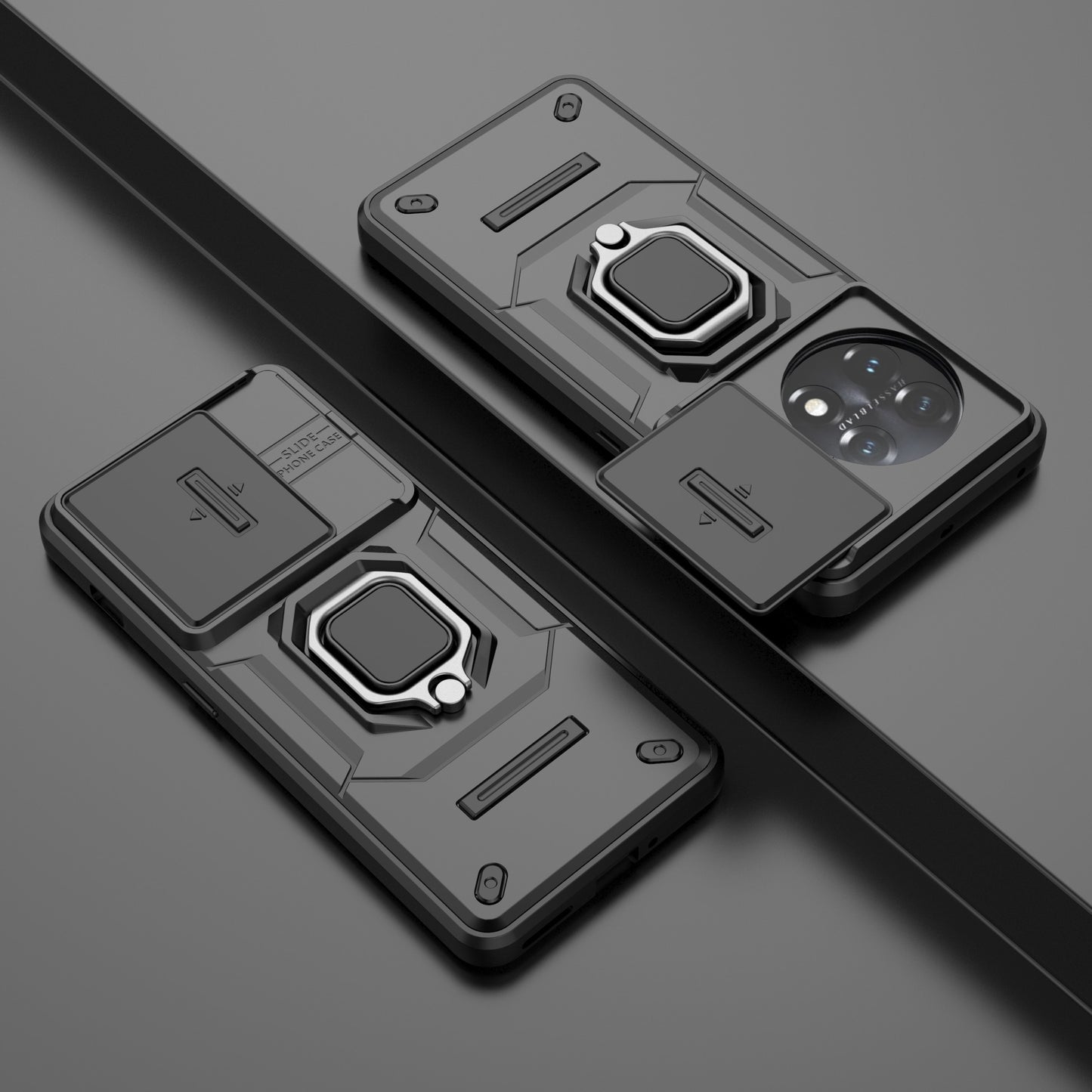 For OnePlus 11 5G Case Slide Lens Shield Ring Kickstand PC+TPU Phone Cover - Black