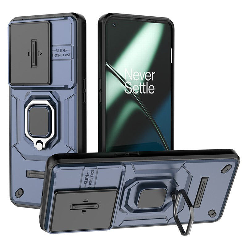 For OnePlus 11 5G Case Slide Lens Shield Ring Kickstand PC+TPU Phone Cover - Blue