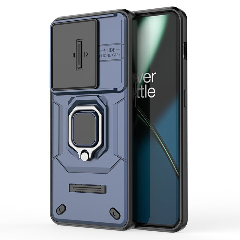 For OnePlus 11 5G Case Slide Lens Shield Ring Kickstand PC+TPU Phone Cover - Blue