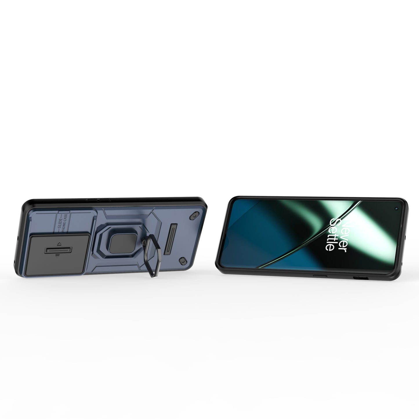 For OnePlus 11 5G Case Slide Lens Shield Ring Kickstand PC+TPU Phone Cover - Blue