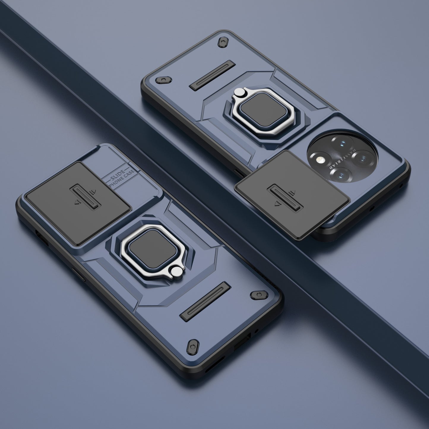 For OnePlus 11 5G Case Slide Lens Shield Ring Kickstand PC+TPU Phone Cover - Blue