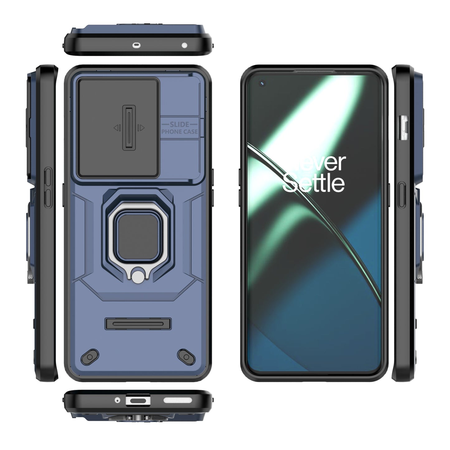 For OnePlus 11 5G Case Slide Lens Shield Ring Kickstand PC+TPU Phone Cover - Blue
