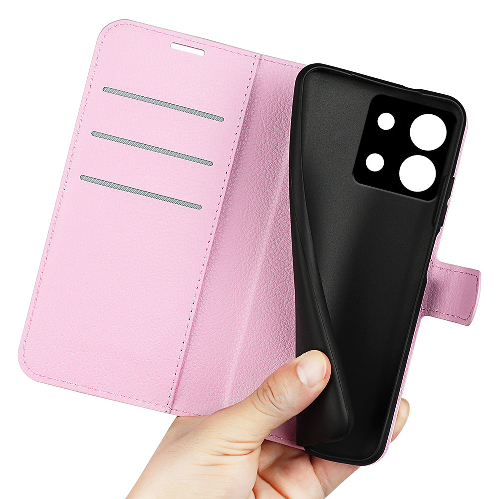 For Xiaomi Redmi Note 13 5G (China) Case Litchi Texture Leather Stand Cover Slim-Fit Wallet Phone Shell - Pink