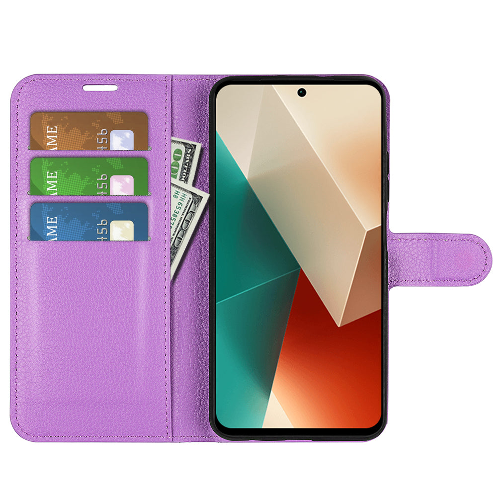 For Xiaomi Redmi Note 13 5G (China) Case Litchi Texture Leather Stand Cover Slim-Fit Wallet Phone Shell - Purple