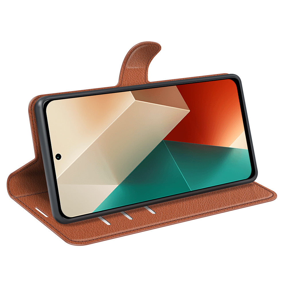 For Xiaomi Redmi Note 13 5G (China) Case Litchi Texture Leather Stand Cover Slim-Fit Wallet Phone Shell - Brown