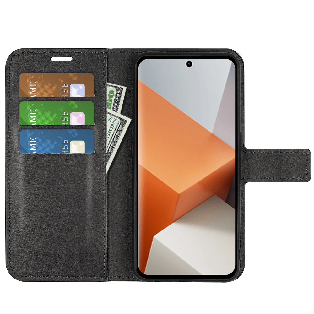 For Xiaomi Redmi Note 13 Pro+ 5G Case PU Leather Calf Texture Phone Stand Cover - Black