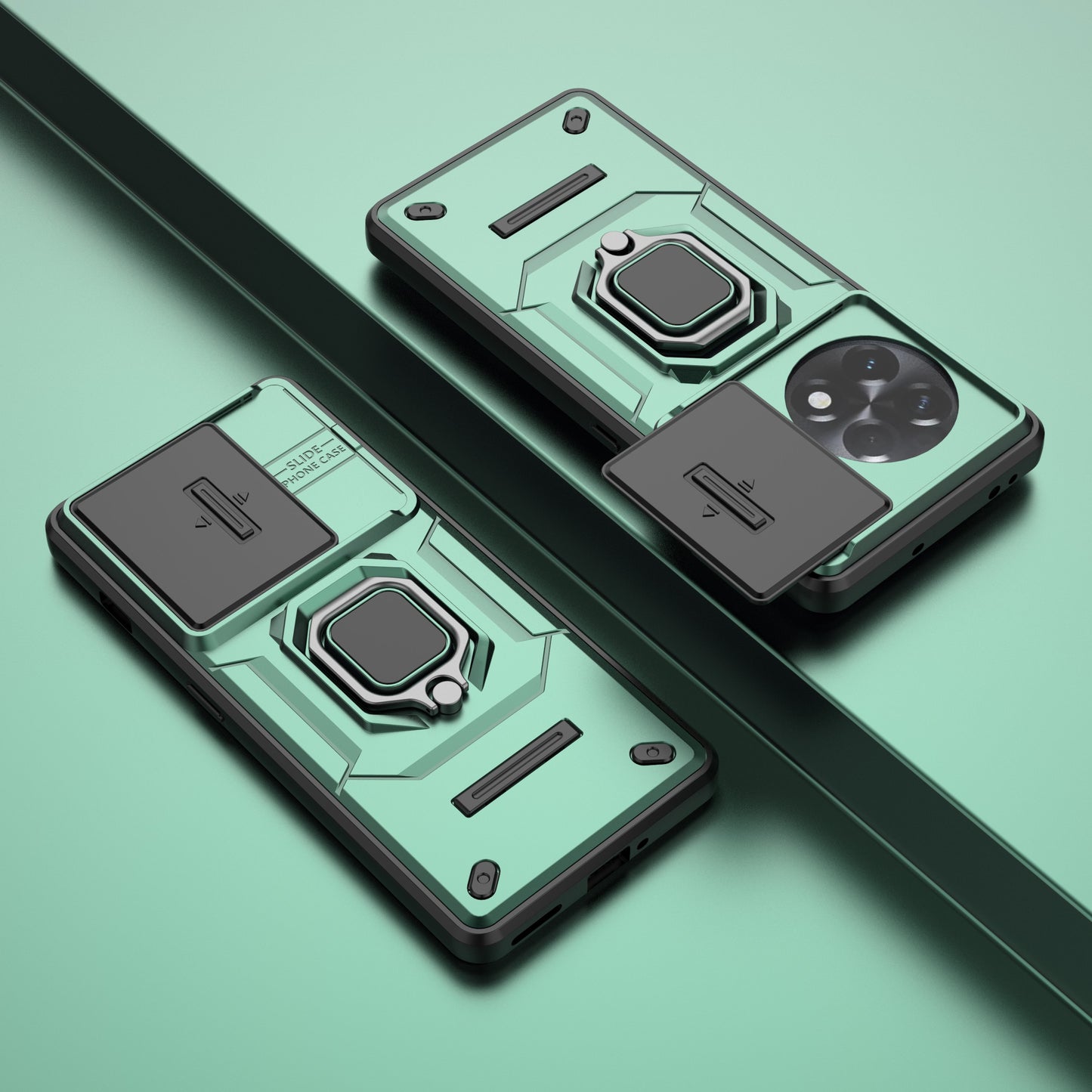 For OnePlus 11R 5G / Ace 2 5G Case Slide Lens Lid PC+TPU Kickstand Cover - Green
