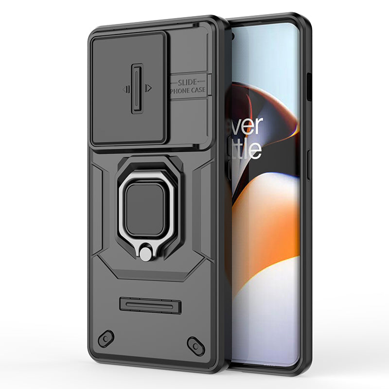 For OnePlus 11R 5G / Ace 2 5G Case Slide Lens Lid PC+TPU Kickstand Cover - Black