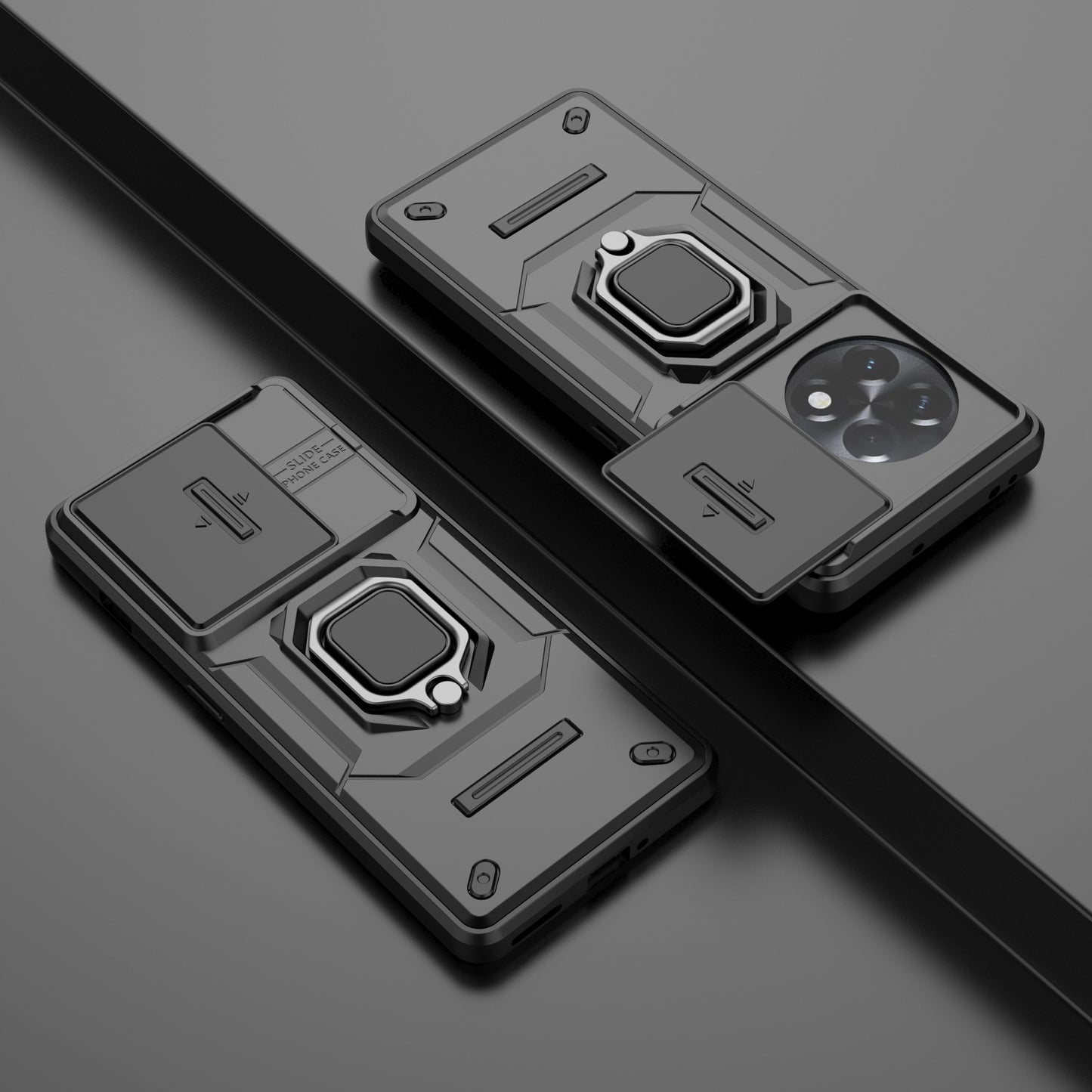 For OnePlus 11R 5G / Ace 2 5G Case Slide Lens Lid PC+TPU Kickstand Cover - Black