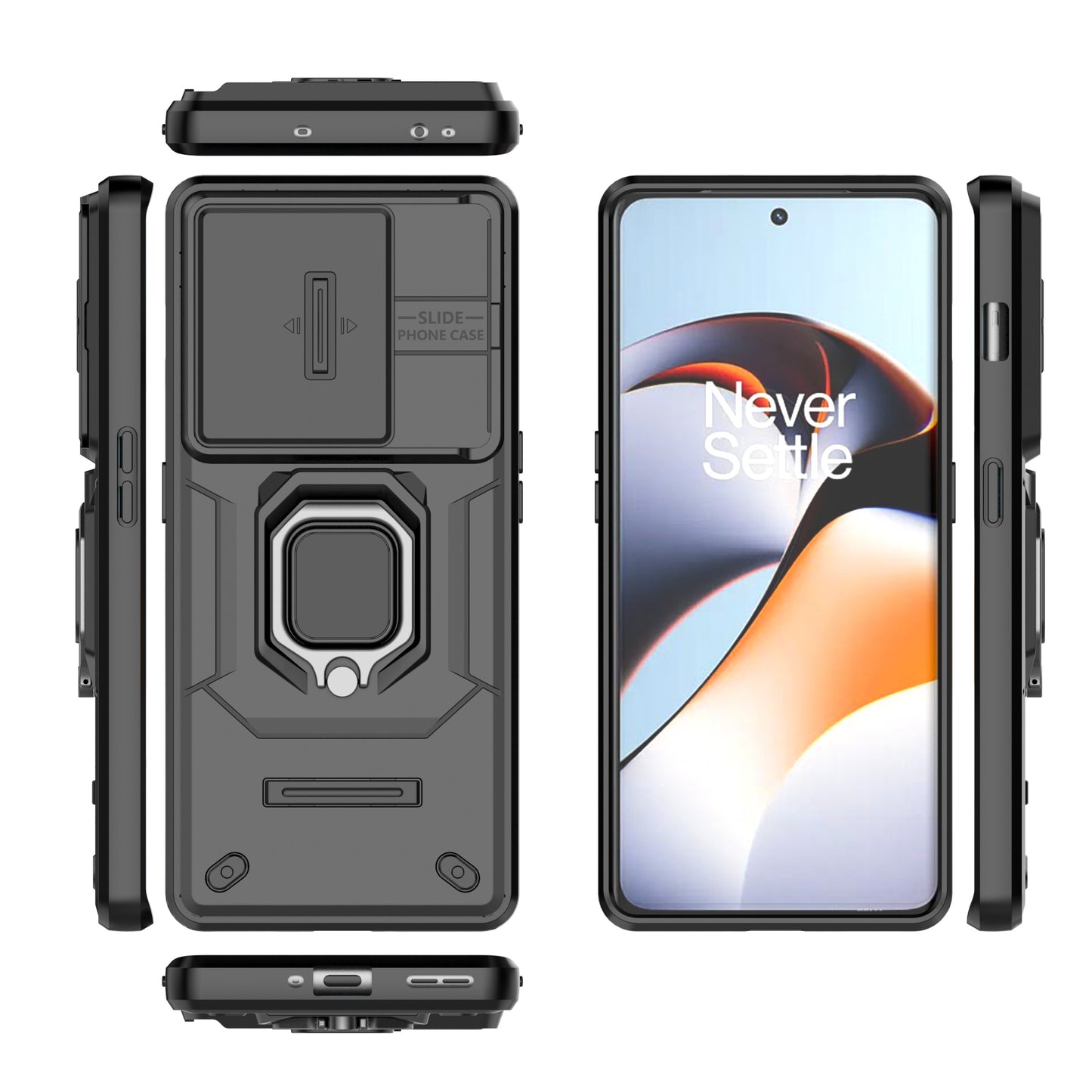 For OnePlus 11R 5G / Ace 2 5G Case Slide Lens Lid PC+TPU Kickstand Cover - Black