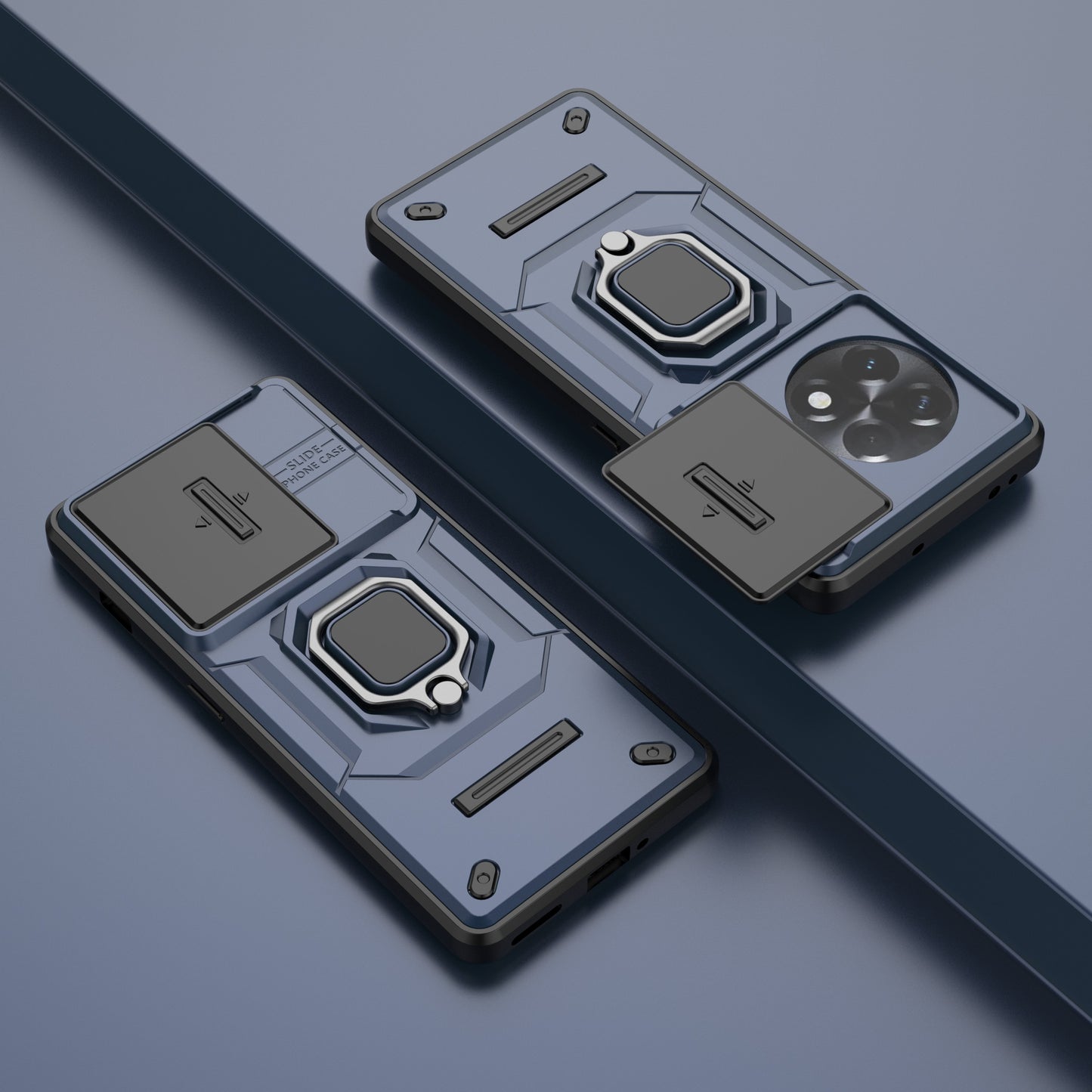 For OnePlus 11R 5G / Ace 2 5G Case Slide Lens Lid PC+TPU Kickstand Cover - Blue