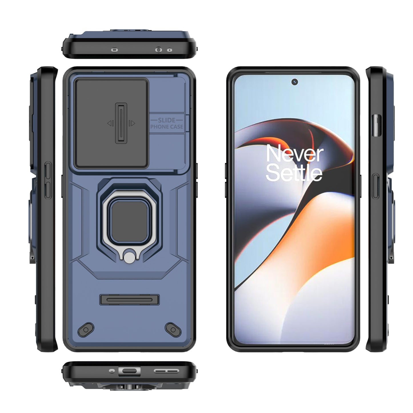 For OnePlus 11R 5G / Ace 2 5G Case Slide Lens Lid PC+TPU Kickstand Cover - Blue