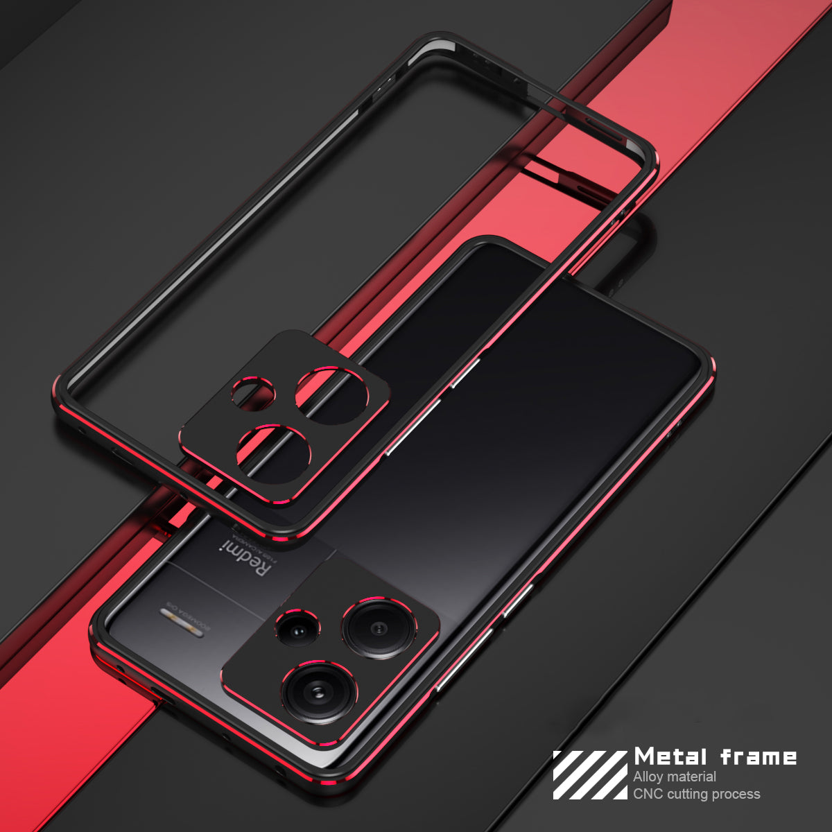 For Xiaomi Redmi Note 13 Pro+ Bumper Case Metal Frame Bumper Cover with Camera Lens Guard - Black / Red