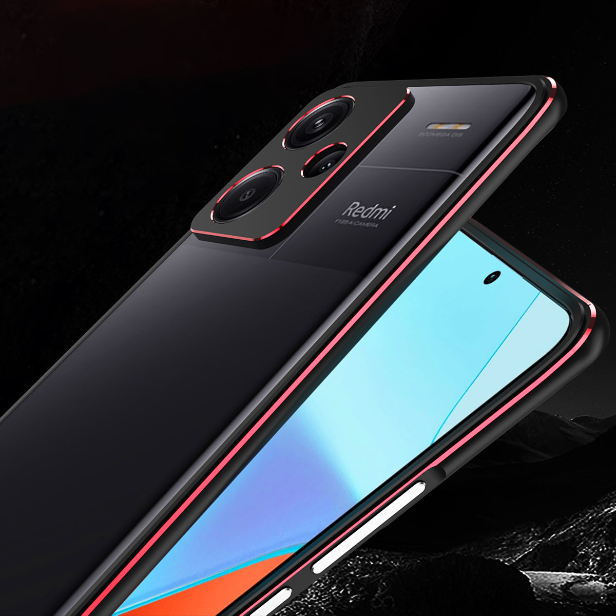 For Xiaomi Redmi Note 13 Pro+ Bumper Case Metal Frame Bumper Cover with Camera Lens Guard - Black / Red