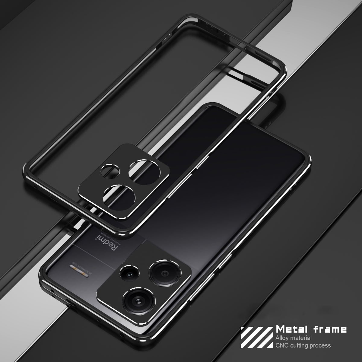 For Xiaomi Redmi Note 13 Pro+ Bumper Case Metal Frame Bumper Cover with Camera Lens Guard - Black / Silver