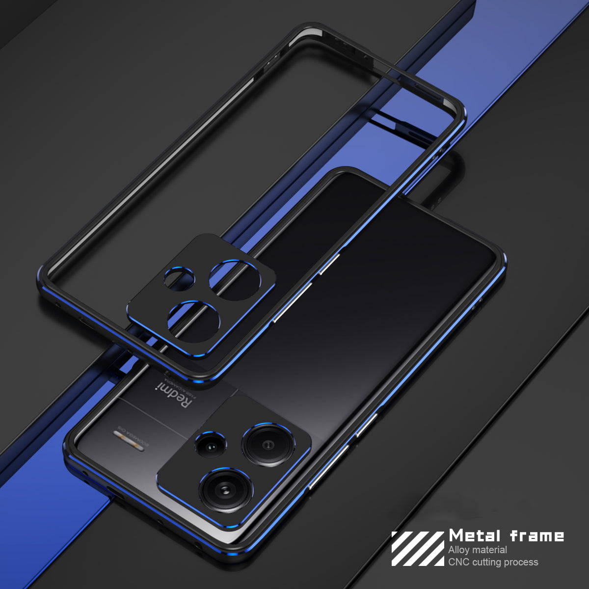For Xiaomi Redmi Note 13 Pro+ Bumper Case Metal Frame Bumper Cover with Camera Lens Guard - Black / Blue