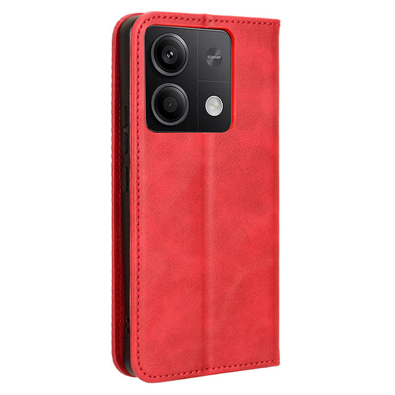 For Xiaomi Redmi Note 13 5G Mobile Phone Cover Case Wallet Retro PU Leather Shell - Red