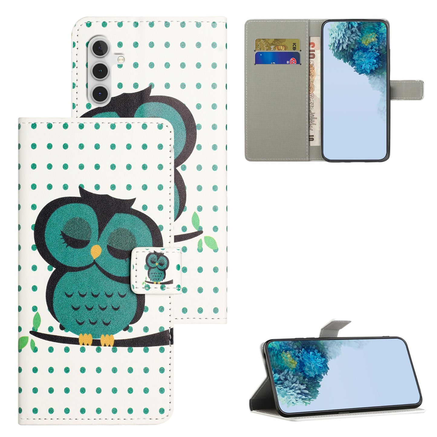For Samsung Galaxy S24 Case PU Leather Drop-proof Phone Case with Wallet - Dots / Owl