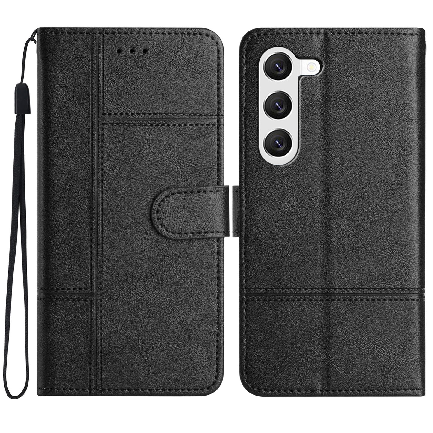 For Samsung Galaxy S24 Case PU Leather Line Imprinted Wallet Stand Phone Cover - Black