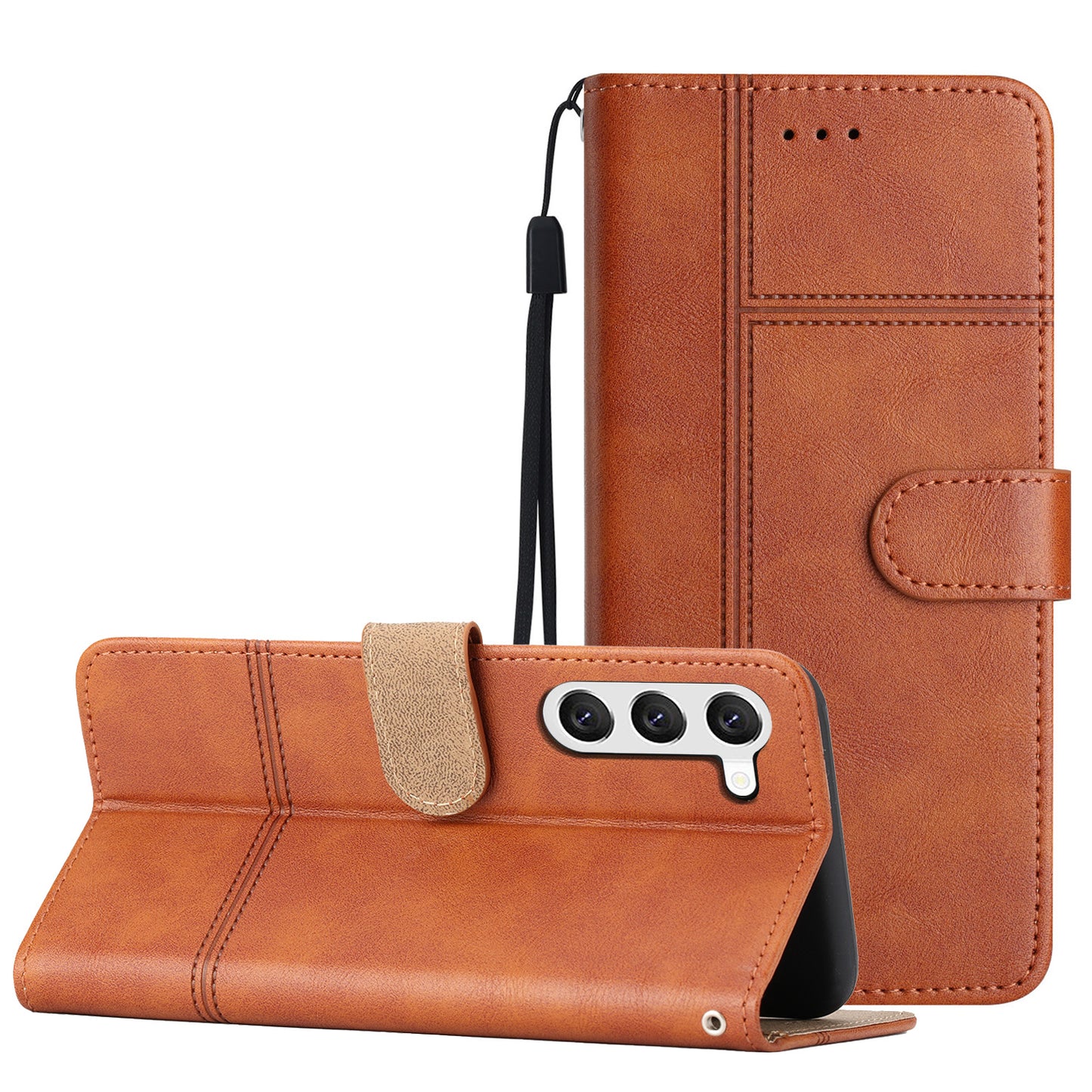 For Samsung Galaxy S24 Case PU Leather Line Imprinted Wallet Stand Phone Cover - Brown