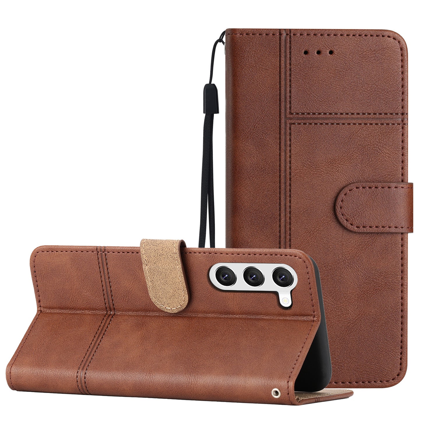 For Samsung Galaxy S24+ Leather Case Line Imprinted Flip Stand Phone Wallet Cover - Coffee