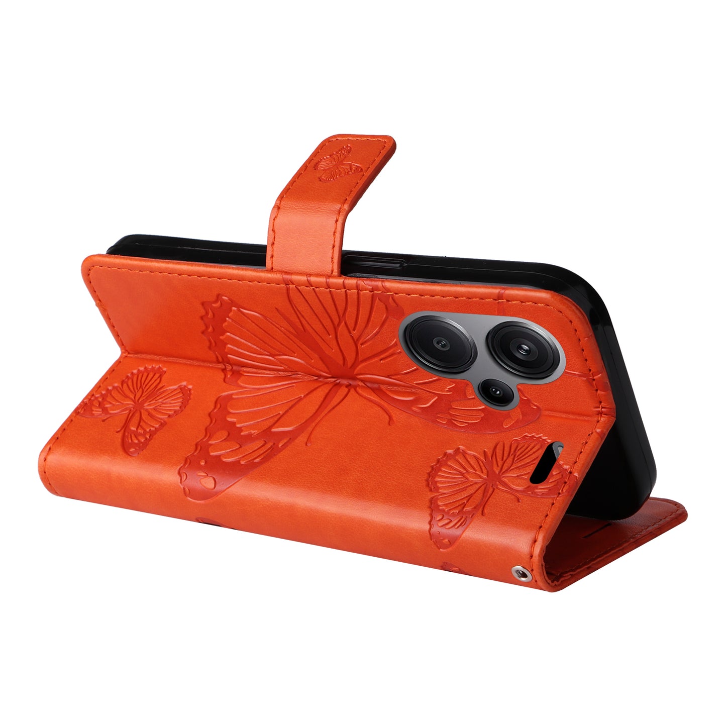KT Imprinting Flower Series-2 For Xiaomi Redmi Note 13 Pro+ Case Butterfly Imprint Wallet Stand PU Leather Smart Phone Cover - Orange