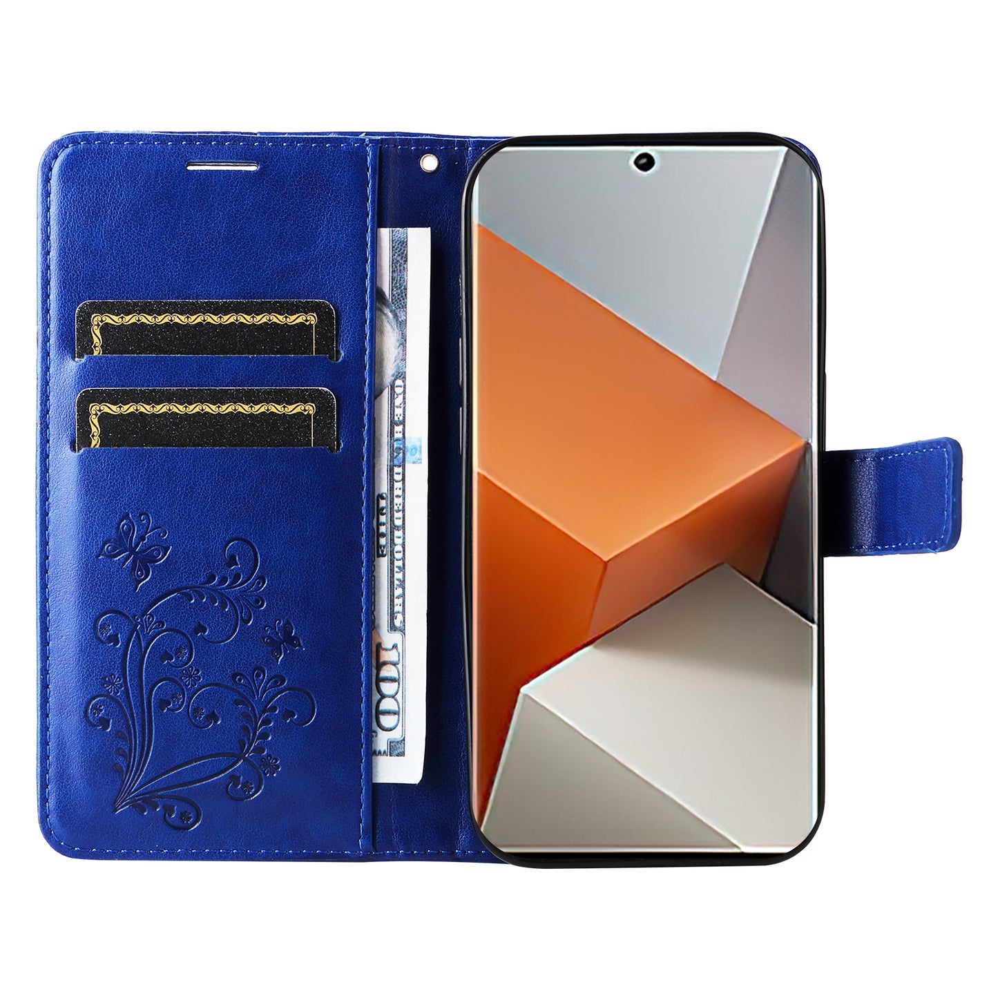 KT Imprinting Flower Series-2 For Xiaomi Redmi Note 13 Pro+ Case Butterfly Imprint Wallet Stand PU Leather Smart Phone Cover - Blue