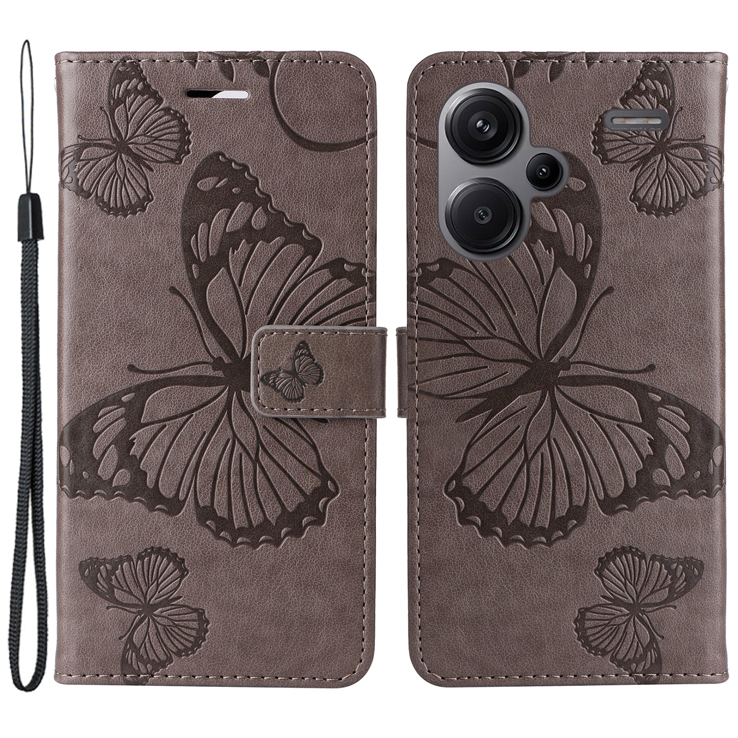 KT Imprinting Flower Series-2 For Xiaomi Redmi Note 13 Pro+ Case Butterfly Imprint Wallet Stand PU Leather Smart Phone Cover - Grey