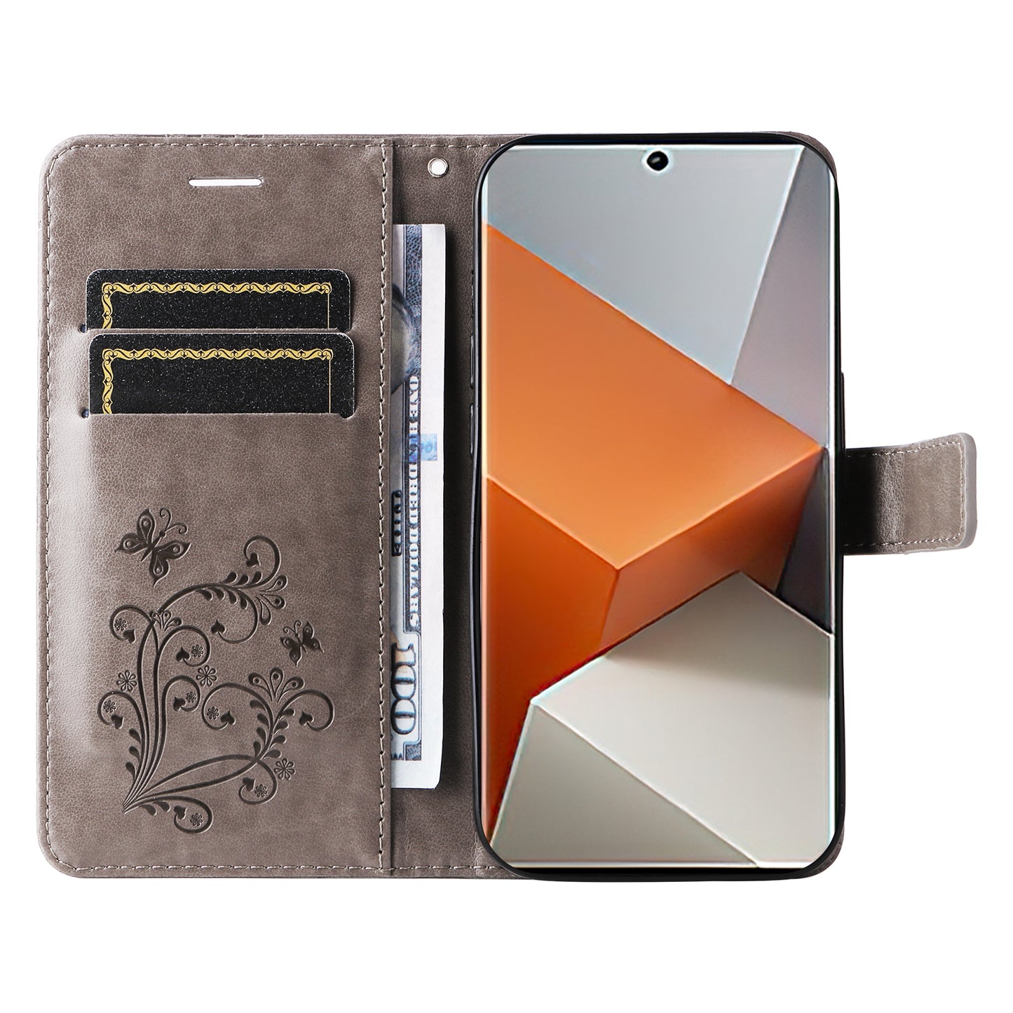 KT Imprinting Flower Series-2 For Xiaomi Redmi Note 13 Pro+ Case Butterfly Imprint Wallet Stand PU Leather Smart Phone Cover - Grey