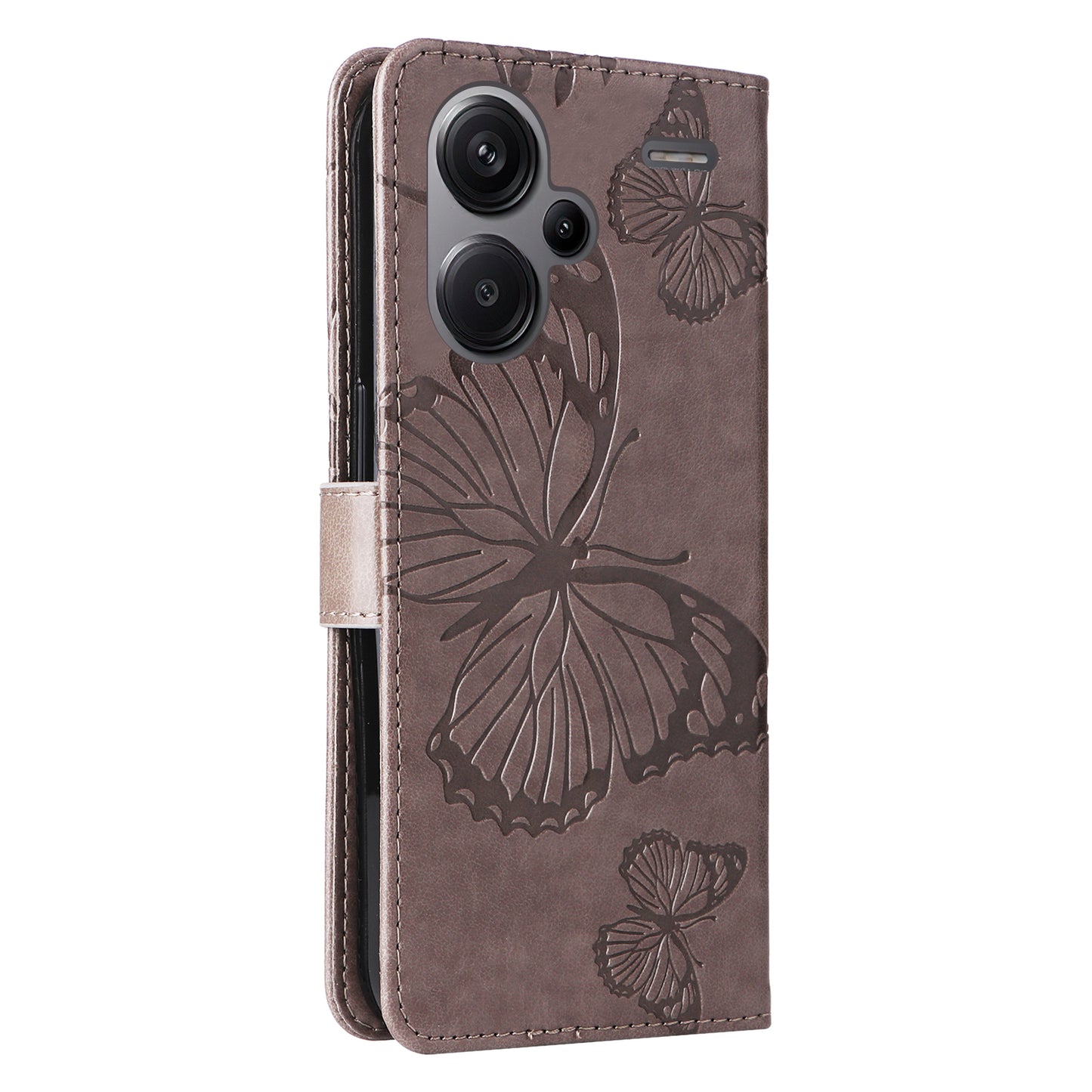 KT Imprinting Flower Series-2 For Xiaomi Redmi Note 13 Pro+ Case Butterfly Imprint Wallet Stand PU Leather Smart Phone Cover - Grey