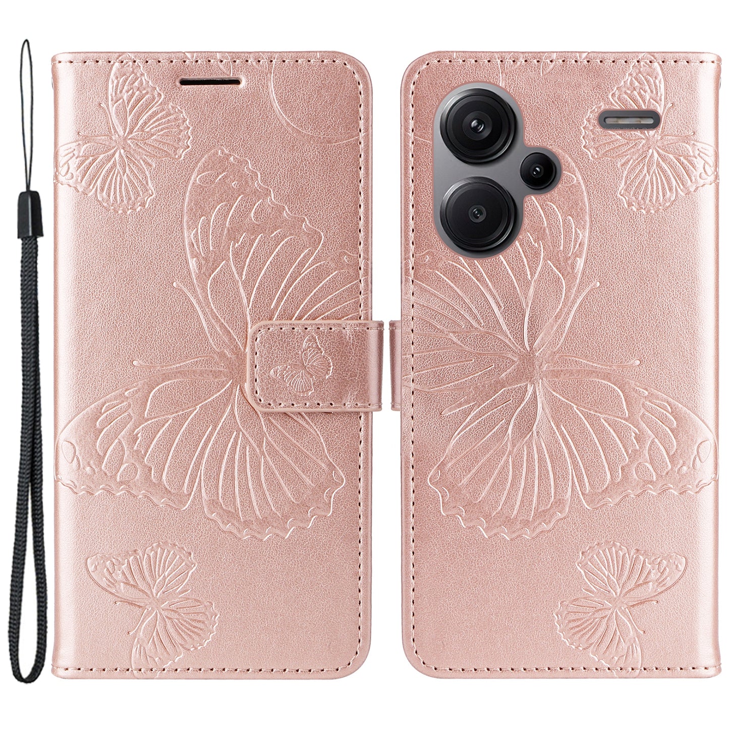 KT Imprinting Flower Series-2 For Xiaomi Redmi Note 13 Pro+ Case Butterfly Imprint Wallet Stand PU Leather Smart Phone Cover - Rose Gold