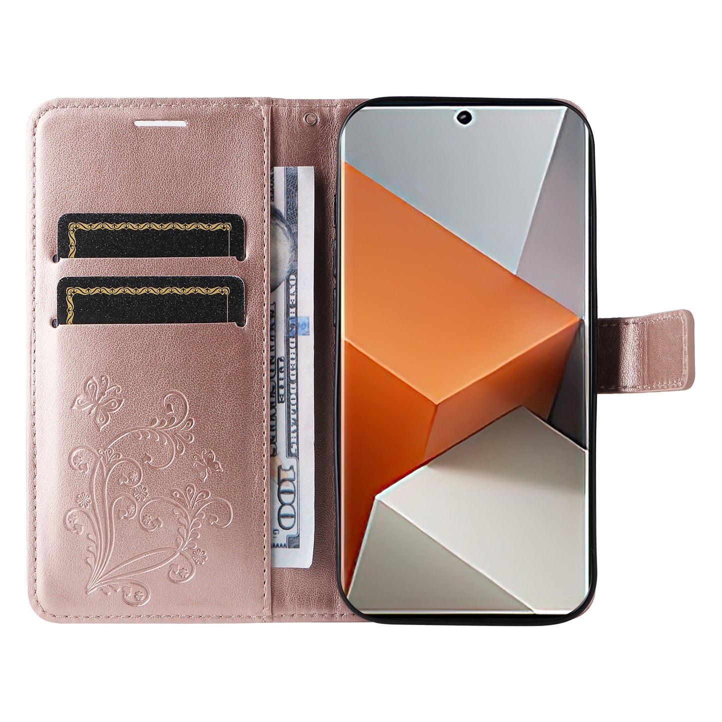 KT Imprinting Flower Series-2 For Xiaomi Redmi Note 13 Pro+ Case Butterfly Imprint Wallet Stand PU Leather Smart Phone Cover - Rose Gold
