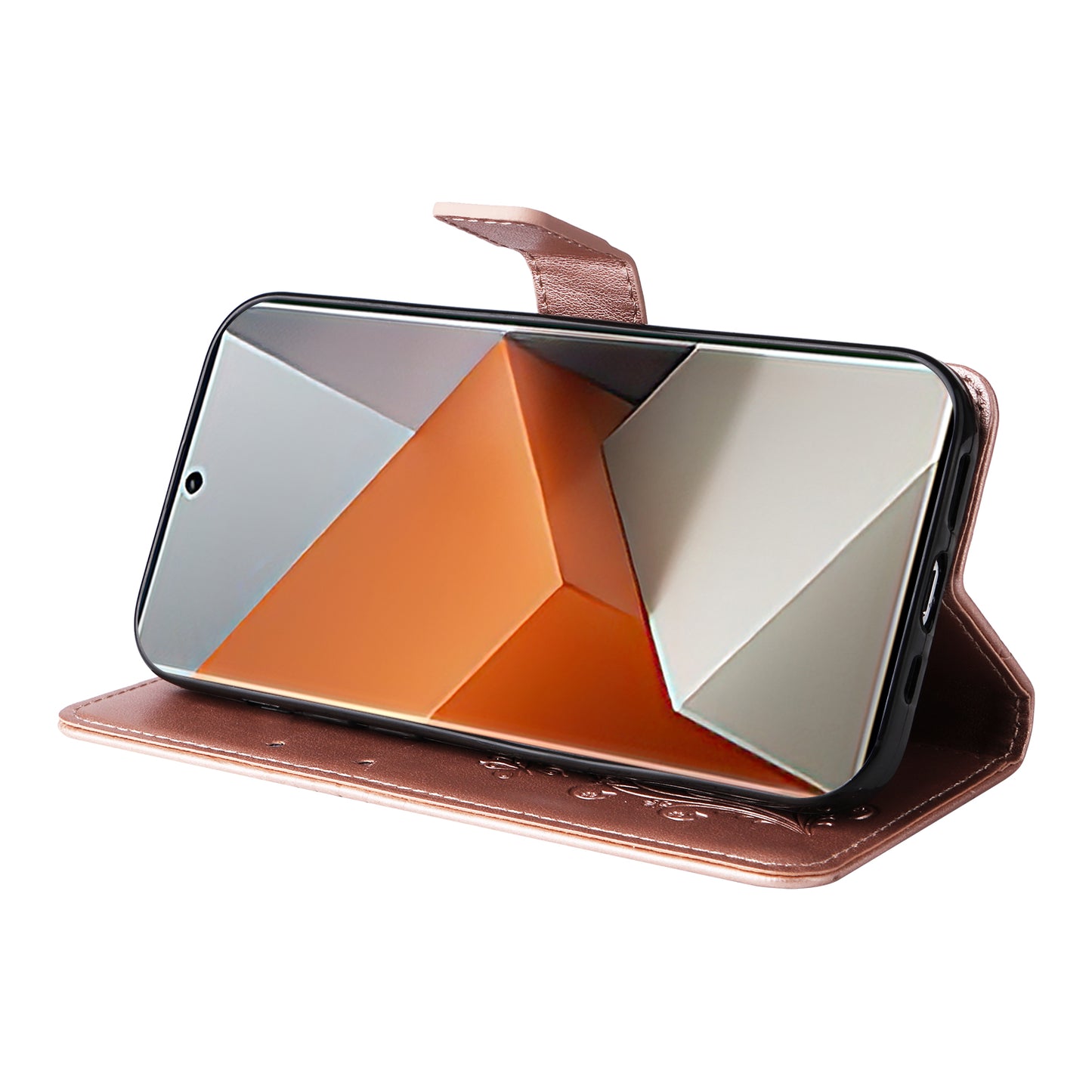 KT Imprinting Flower Series-2 For Xiaomi Redmi Note 13 Pro+ Case Butterfly Imprint Wallet Stand PU Leather Smart Phone Cover - Rose Gold