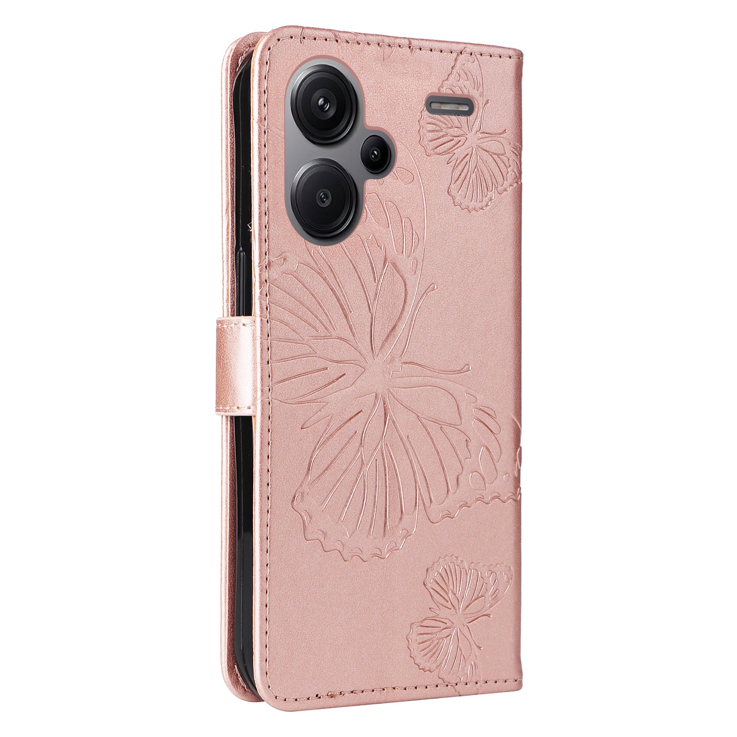 KT Imprinting Flower Series-2 For Xiaomi Redmi Note 13 Pro+ Case Butterfly Imprint Wallet Stand PU Leather Smart Phone Cover - Rose Gold