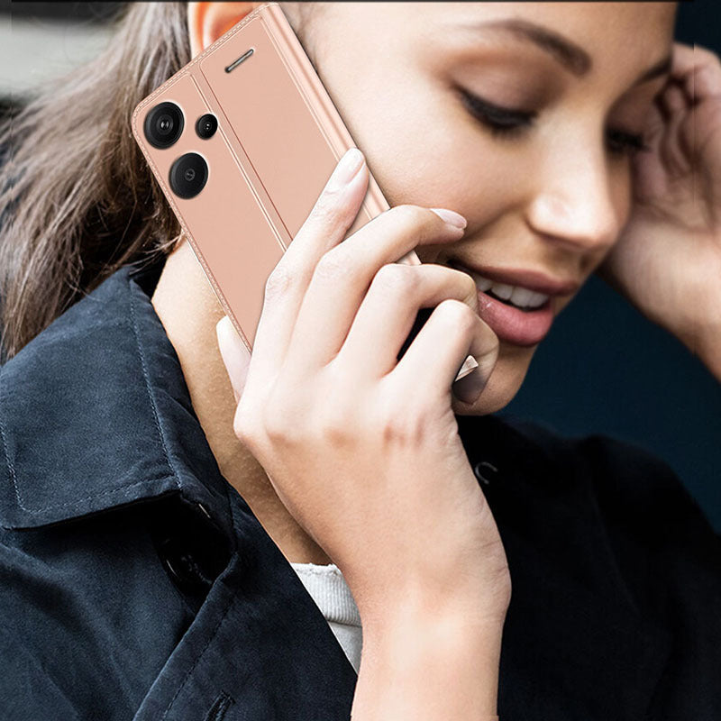 For Xiaomi Redmi Note 13 Pro+ 5G Case Stand PU Leather Mobile Phone Cover with Card Slot - Rose Gold