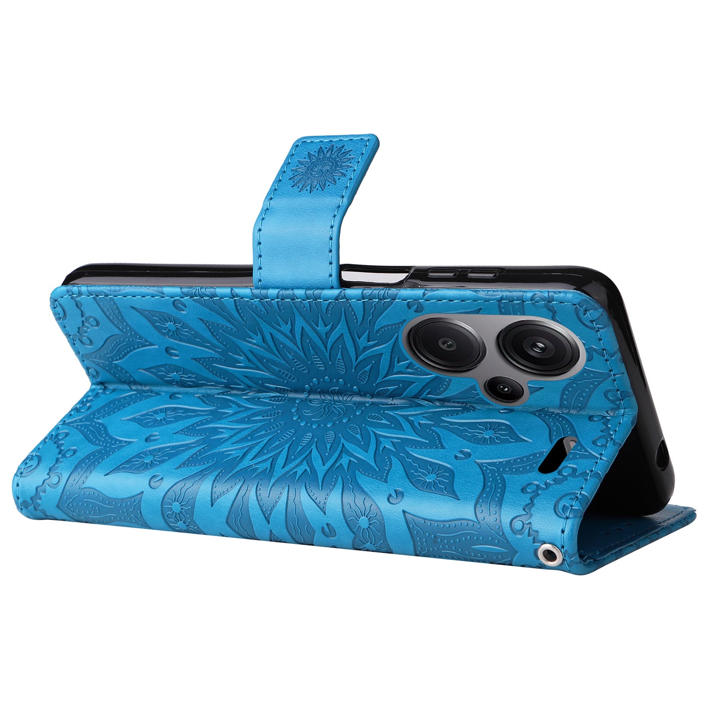 KT Imprinting Flower Series-1 For Xiaomi Redmi Note 13 Pro+ 5G Case Slim-Fit Wallet Stand Leather Phone Cover - Blue