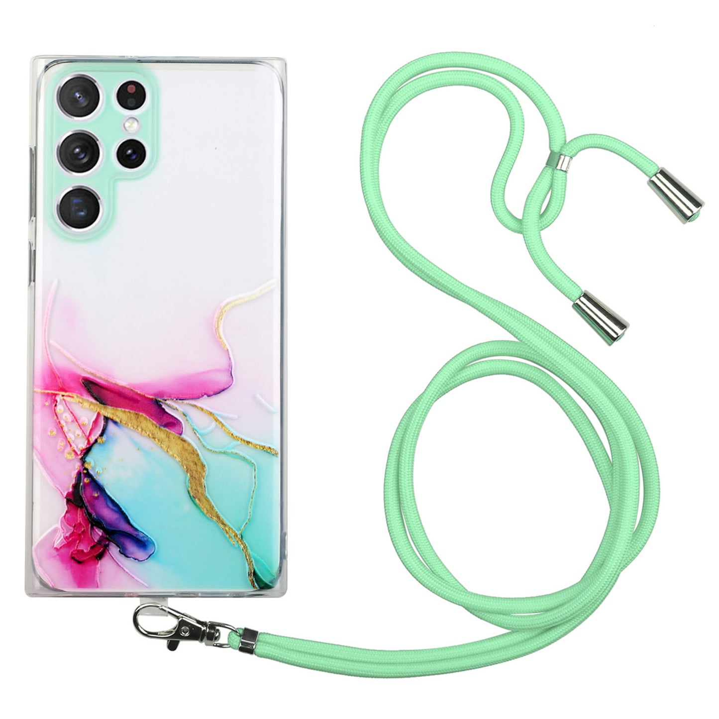 For Samsung Galaxy S24 Ultra TPU Case Marble Pattern Embossing Phone Cover with Lanyard - Green