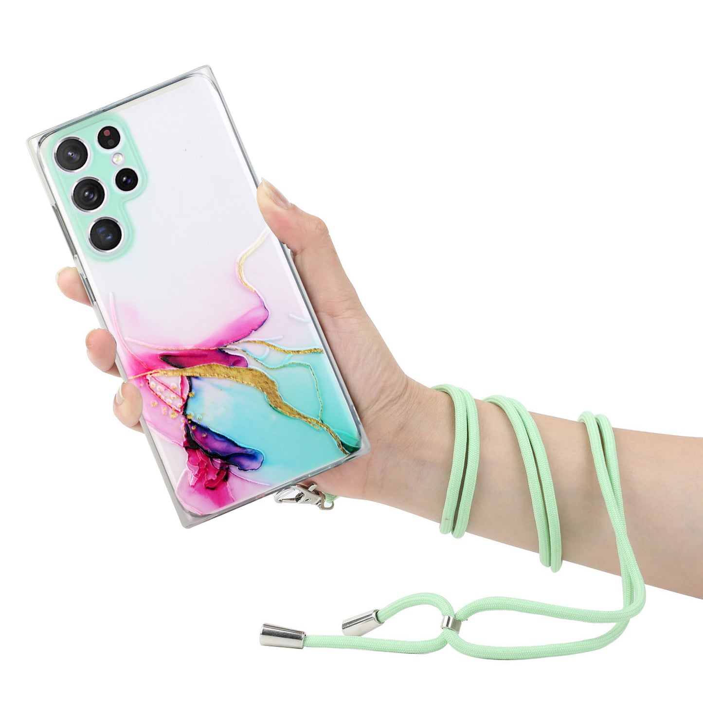 For Samsung Galaxy S24 Ultra TPU Case Marble Pattern Embossing Phone Cover with Lanyard - Green
