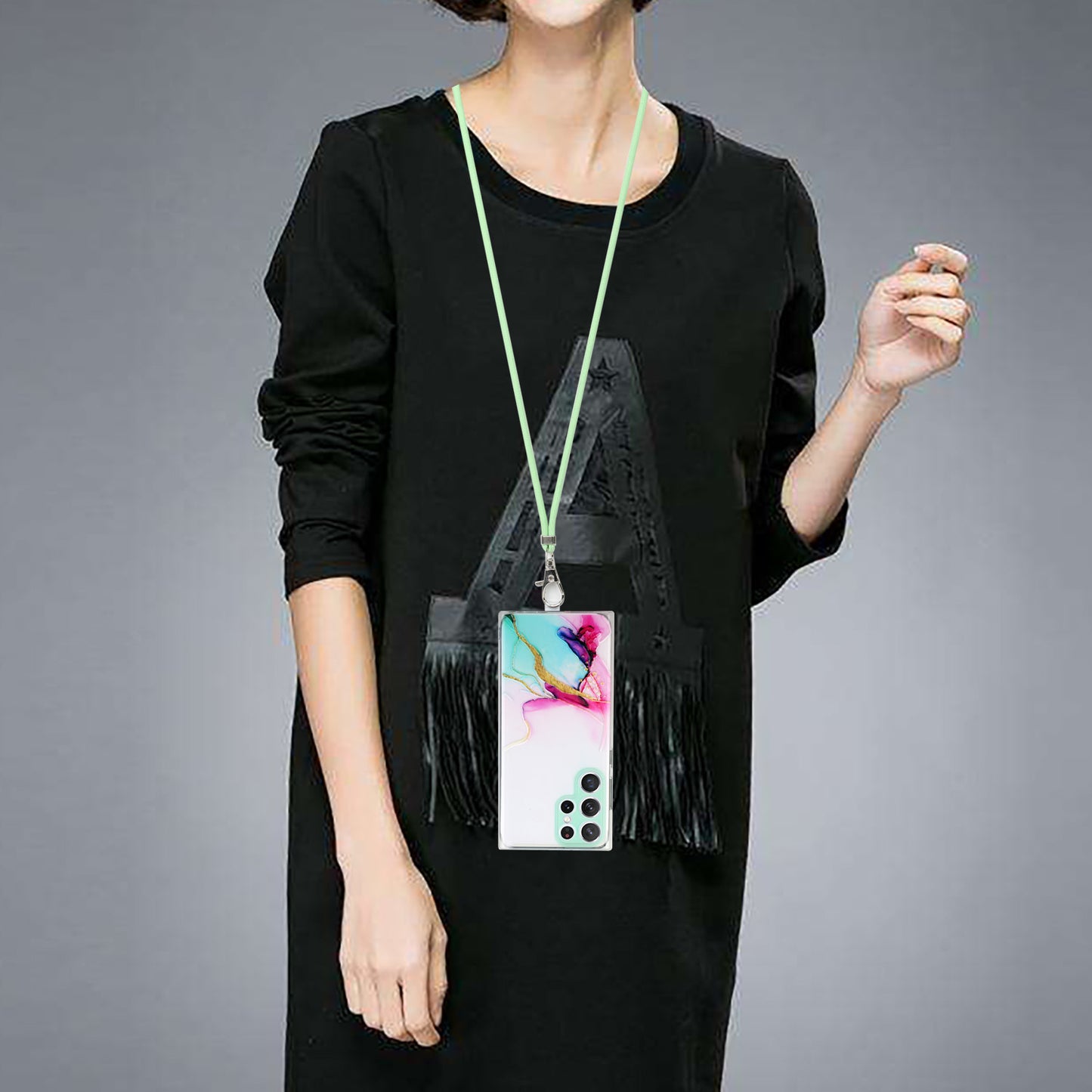 For Samsung Galaxy S24 Ultra TPU Case Marble Pattern Embossing Phone Cover with Lanyard - Green
