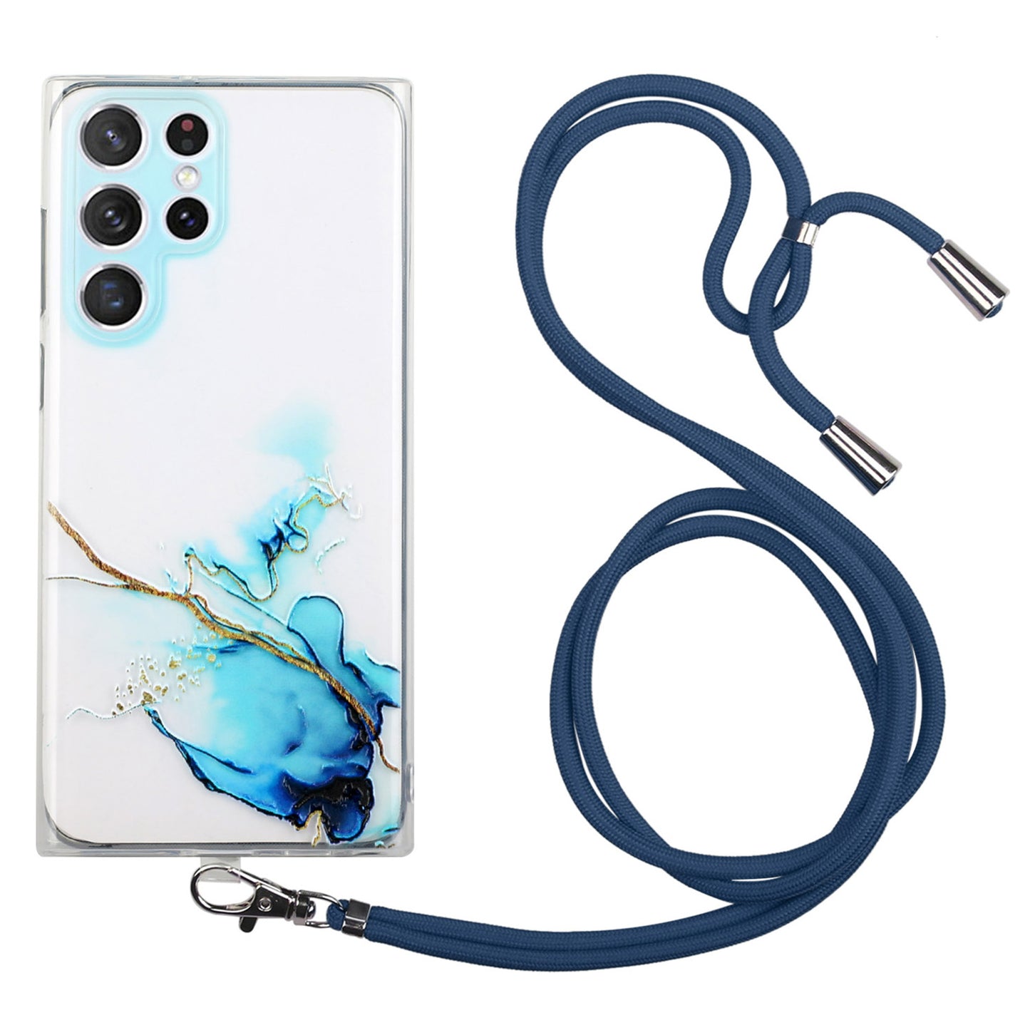 For Samsung Galaxy S24 Ultra TPU Case Marble Pattern Embossing Phone Cover with Lanyard - Blue