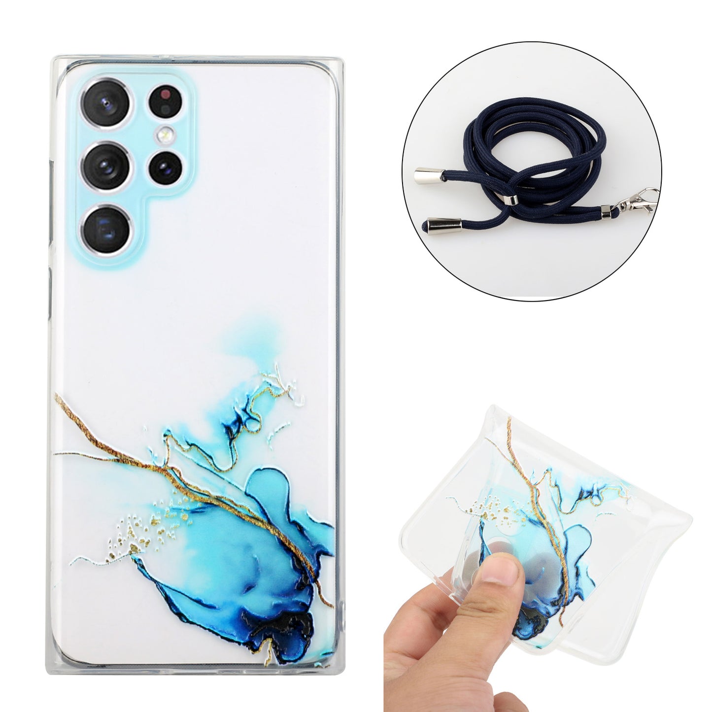 For Samsung Galaxy S24 Ultra TPU Case Marble Pattern Embossing Phone Cover with Lanyard - Blue