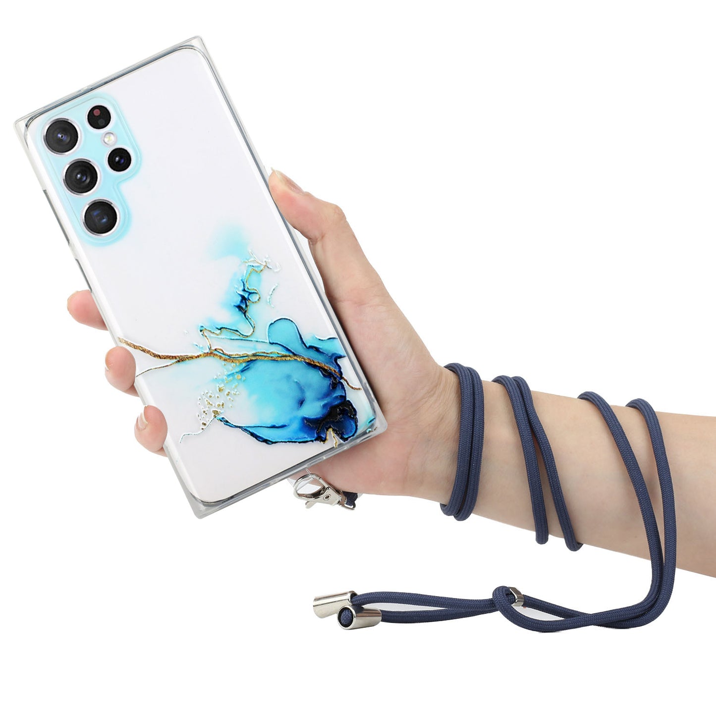 For Samsung Galaxy S24 Ultra TPU Case Marble Pattern Embossing Phone Cover with Lanyard - Blue