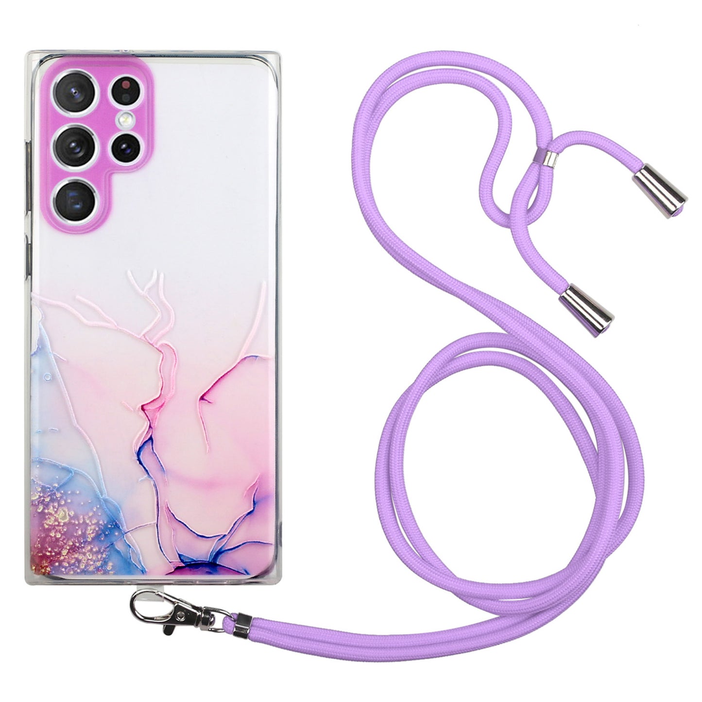 For Samsung Galaxy S24 Ultra TPU Case Marble Pattern Embossing Phone Cover with Lanyard - Pink