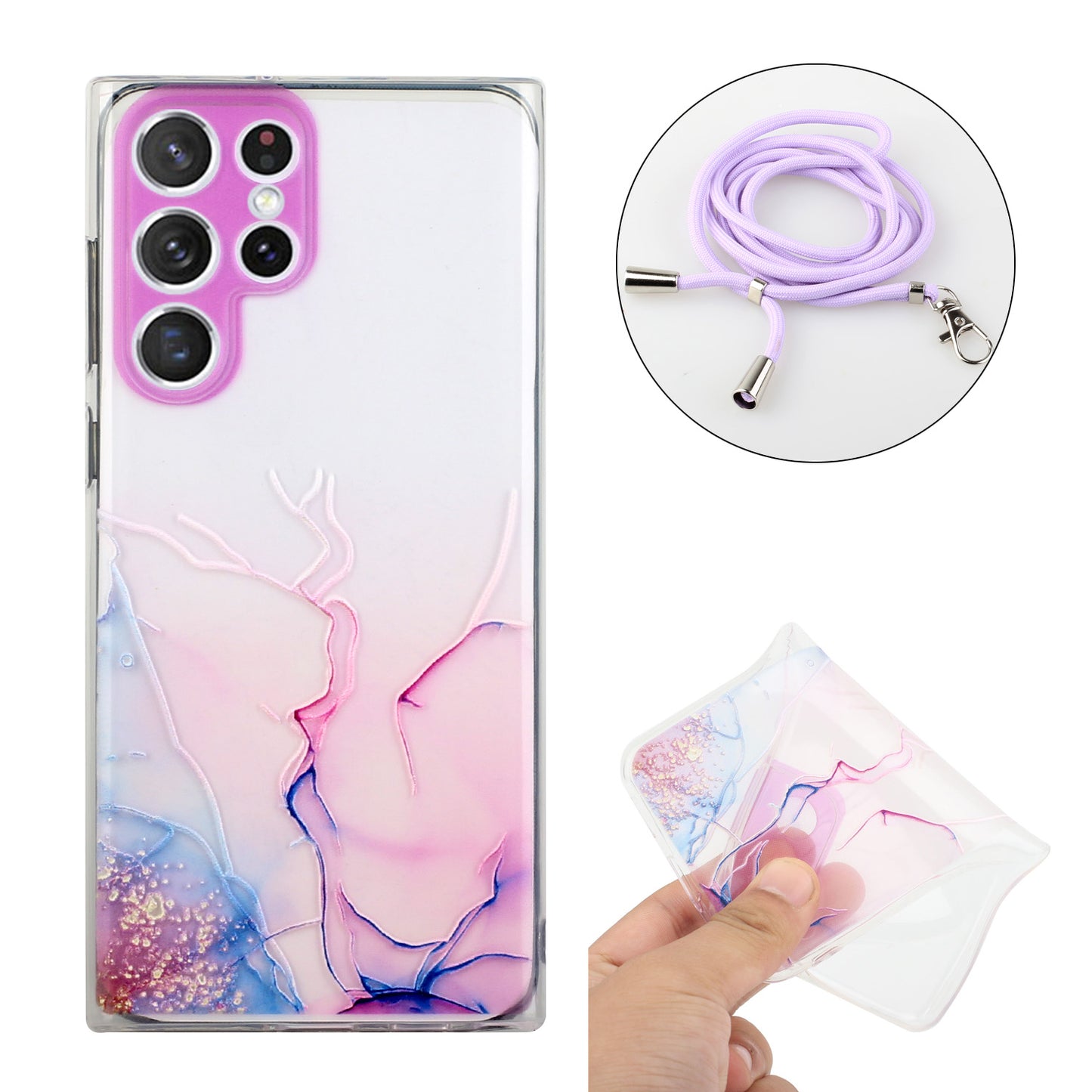 For Samsung Galaxy S24 Ultra TPU Case Marble Pattern Embossing Phone Cover with Lanyard - Pink