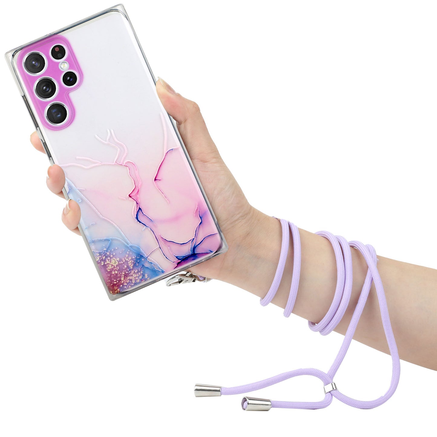 For Samsung Galaxy S24 Ultra TPU Case Marble Pattern Embossing Phone Cover with Lanyard - Pink