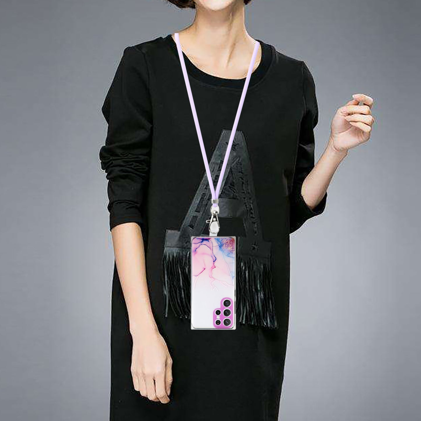 For Samsung Galaxy S24 Ultra TPU Case Marble Pattern Embossing Phone Cover with Lanyard - Pink