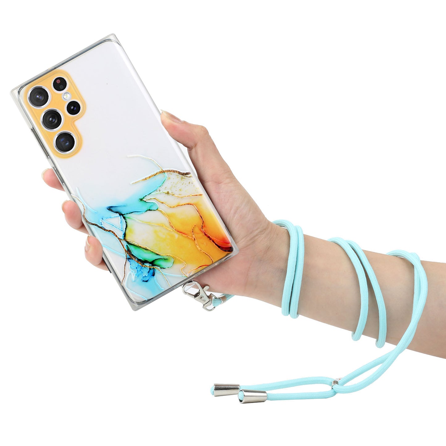 For Samsung Galaxy S24 Ultra TPU Case Marble Pattern Embossing Phone Cover with Lanyard - Yellow