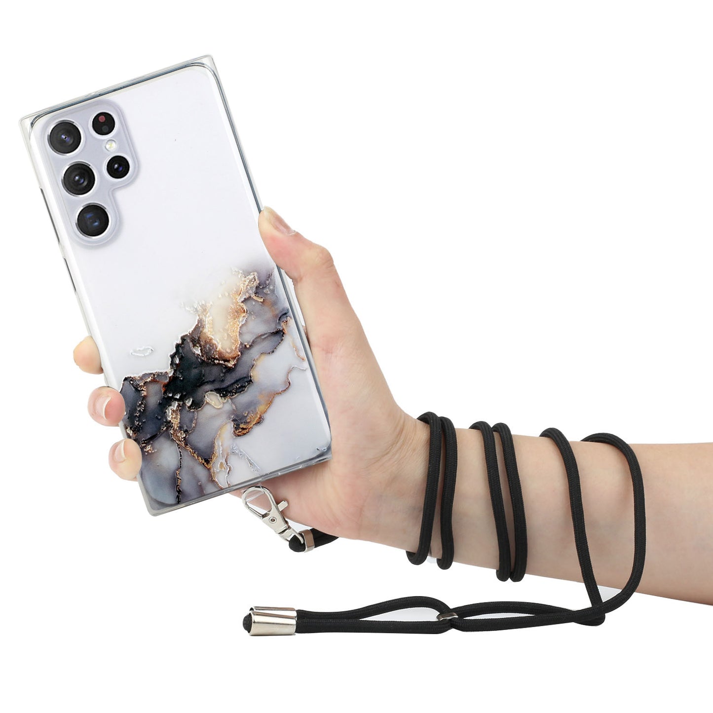 For Samsung Galaxy S24 Ultra TPU Case Marble Pattern Embossing Phone Cover with Lanyard - Black