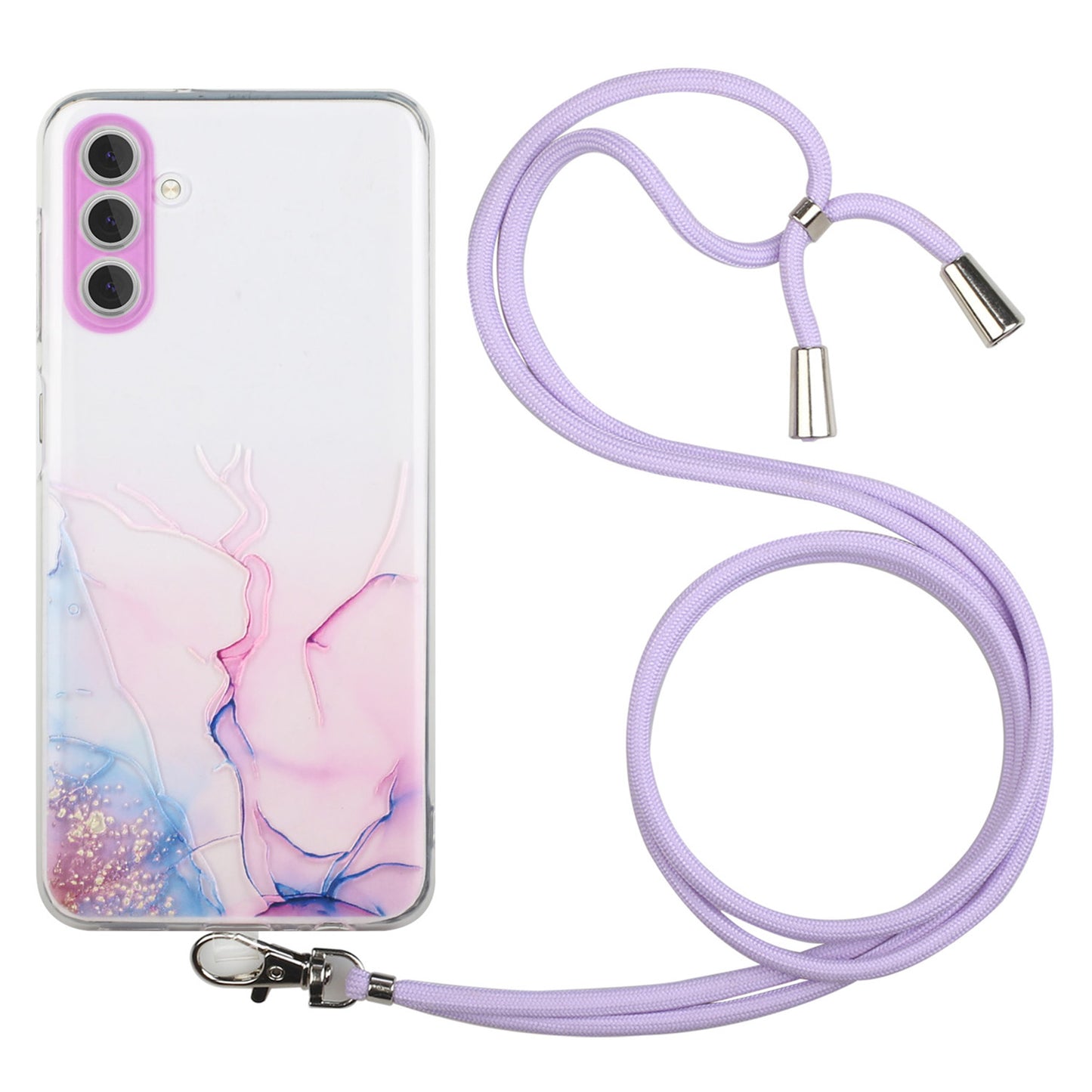 For Samsung Galaxy S24+ Case Marble Pattern Embossing Smartphone Cover with Lanyard - Pink